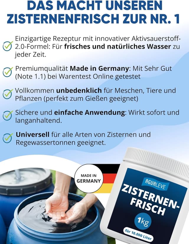 Detalle de AGUALEVE® Zisternenfrisch 1 kg – hält Regenwasser frisch & rein, für bis zu 10.000 Liter | Made in Germany