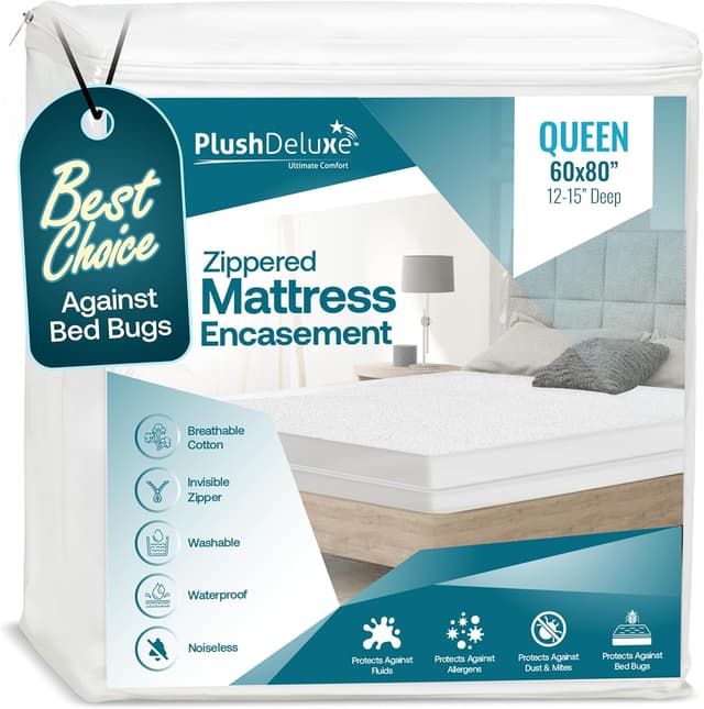 Detalle de PlushDeluxe Premium 100% Waterproof Mattress Encasement (Breathable Soft Cotton Terry) — Queen 60x80