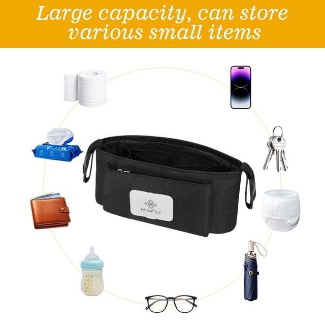 Detalle de Vicloon Universal Kinderwagen-Organizer mit Feuchttücherspender (Polyester, wasserdicht) – Schwarz