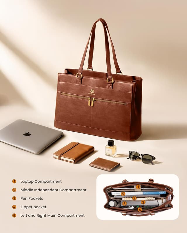 Detalle de LOVEVOOK Damen Handtasche (Groß) für Laptops bis 17,3 Zoll – Retro-Leder Optik, Braun
