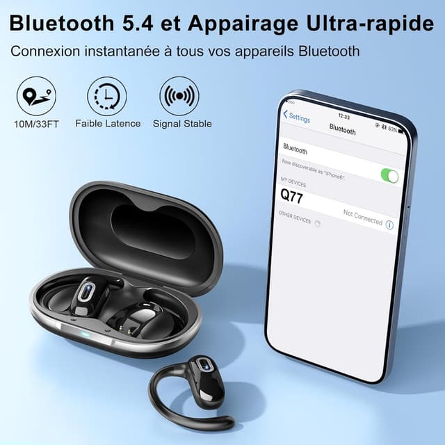 Detalle 2 de Open Ear Écouteurs Bluetooth 5.4 sans fil avec ENC, HiFi stéréo et autonomie 58 h (IPX7) – modèle noir