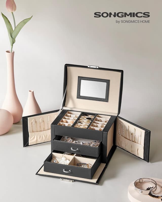 Detalle 2 de SONGMICS 3-Tier Lockable Jewellery Box JBC154B01 with Mirror, 2 Drawers & Handle