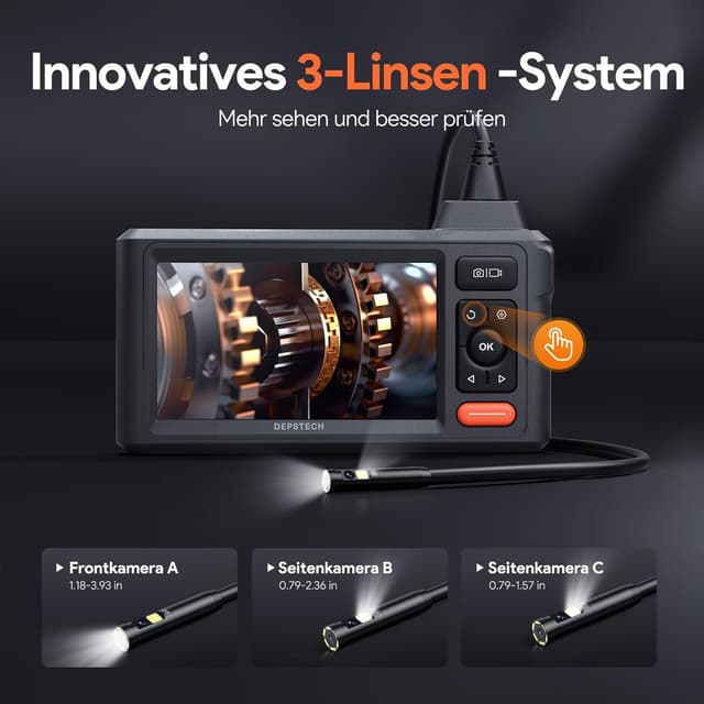 Detalle 2 de DEPSTECH 15 m Endoskopkamera mit Licht (DS620), 8 mm, 5" IPS, Triple-Lens, IP67, 1080P und 32-GB-Karte