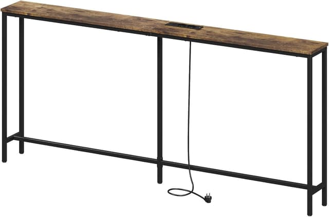 Detalle de Lifewit Consolle Stretta 180 cm con 2 prese e 2 porte USB, tavolo da divano 180x20x80 cm marrone rustico