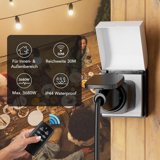 Detalle 2 de HBN Funksteckdosen-Set mit Fernbedienung für außen (IP44) – 2er Set, 3.680 W, schwarz