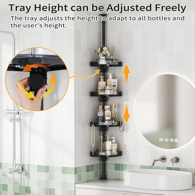 Detalle de shuang qing 360° Rotating Corner Shower Caddy Tension Pole Organizer (4-Tier Adjustable, Black)