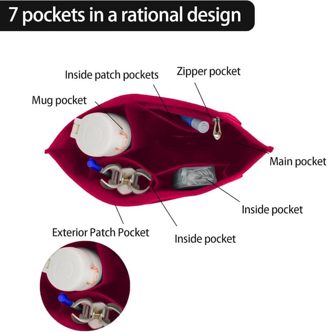Detalle 2 de HYEPNED Bag Wallet Insert Organizer (Burgundy, L) with 7 Compartments for Longchamp totes