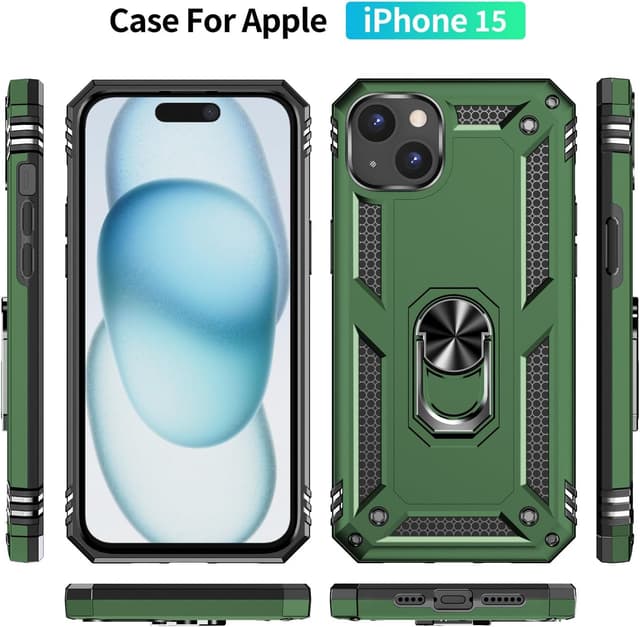 Detalle 2 de Aozuoton iPhone 15 Case with Screen Protector and 360° Rotatable Kickstand (Heavy Duty, Army Green)