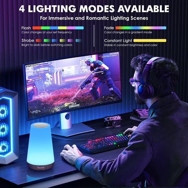 Detalle de Auxmir Touch dimmbare Nachttischlampe mit RGB-Wechsel, Fernbedienung & USB-Akku