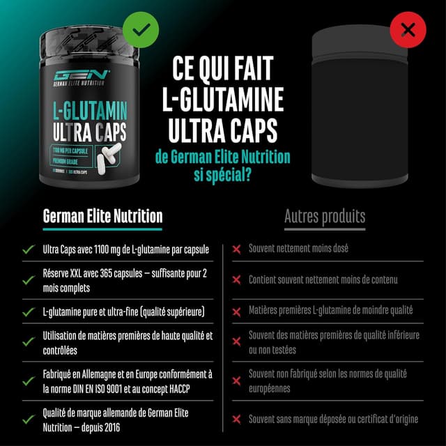 Detalle de GEN German Elite Nutrition L-Glutamine Ultra Caps – 365 gélules de 1.100 mg (L-glutamine pure)