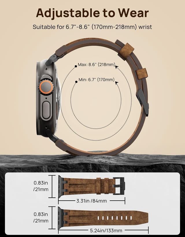 Detalle de MoKo Bracelet en cuir pour Apple Watch (Ultra/Series/SE) avec connecteurs métalliques