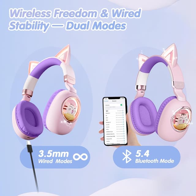 Detalle de sunvito Kinder Bluetooth-Kopfhörer 5.4 mit LED „Katzenohr“-Design, faltbar & 3,5-mm-Kabel