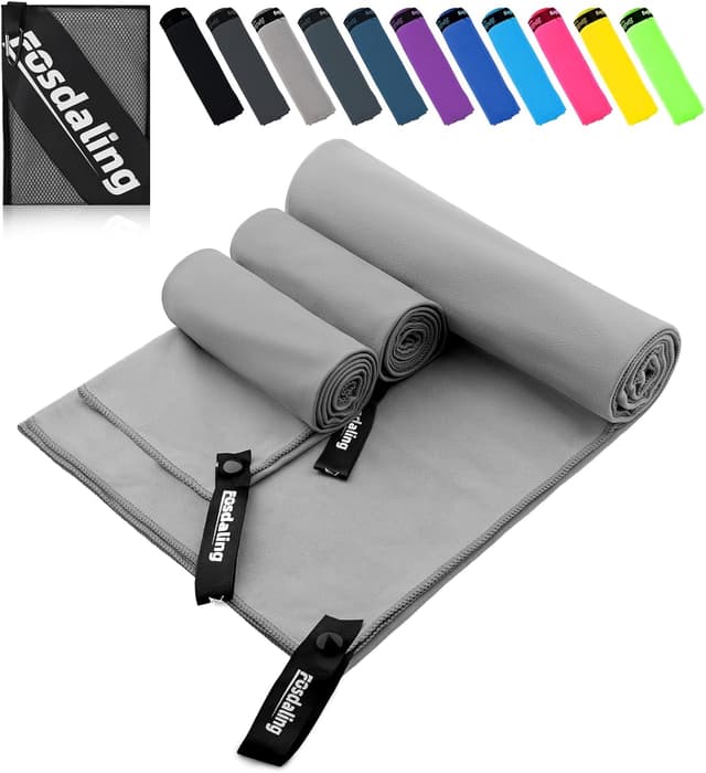 Detalle de Fosdaling Mikrofaser Handtuch 3er-Set (200×100 cm + 2× 80×40 cm) – schnell trocknendes Sport- und Reisehandtuch in Hellgrau