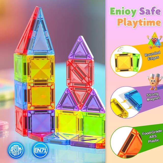 Detalle de Mini Magnetic Tiles 56-piece travel magnetic building blocks with metal box (sensory construction toy for ages 3+)