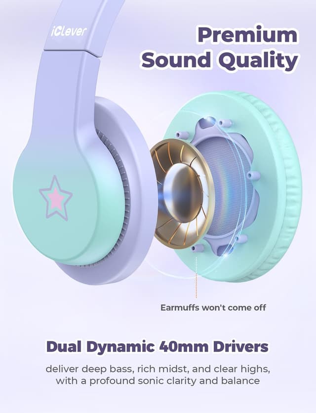 Detalle de iClever Kids HS19S over-ear headphones with safe 85dBA volume limit (3.5mm wired, foldable)