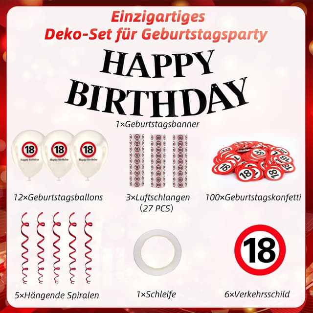 Detalle 2 de WenmthG 18. Geburtstag Deko-Set mit Verkehrszeichen (Banner, Girlande, Ballons, Konfetti & mehr)