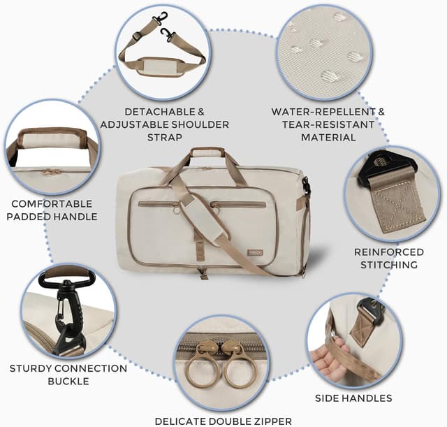 Detalle 2 de Fmeida Reisetasche Groß (65L) faltbar mit Schuhfach – Handgepäck & Sporttasche in Beige