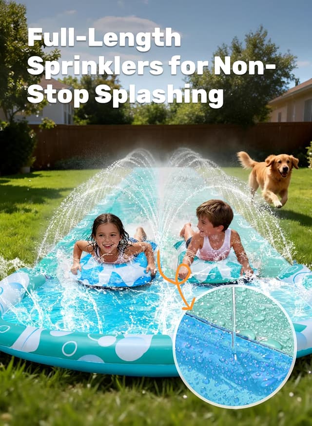 Detalle de JOYIN Double Bubble Extra Long Lawn Water Slide with Built-in Sprinkler and 2 Bodyboards (22.5ft/685.8cm)