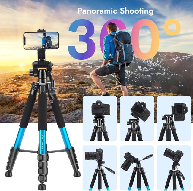 Detalle de JOILCAN Kamerastativ (187 cm) mit abnehmbarem 3-Wege-Schwenkkopf und Handyhalterung – Aluminium-Dreibeinstativ
