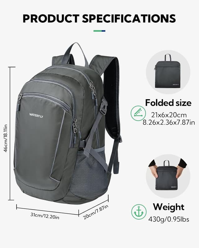 Detalle 2 de Waterfly Hiking Foldable Lightweight Backpack (28L) with Wet Compartment – packable daypack rucksack for travel & trekking