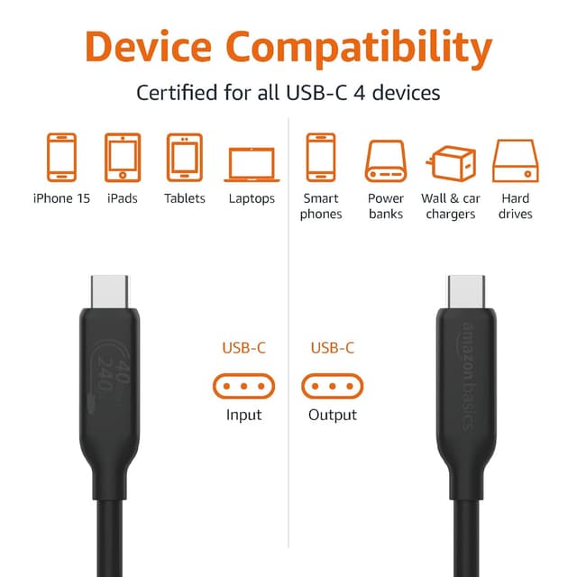 Detalle de Amazon Basics USB-C to USB-C 4 Cable 3.3 ft — 240W 🔌