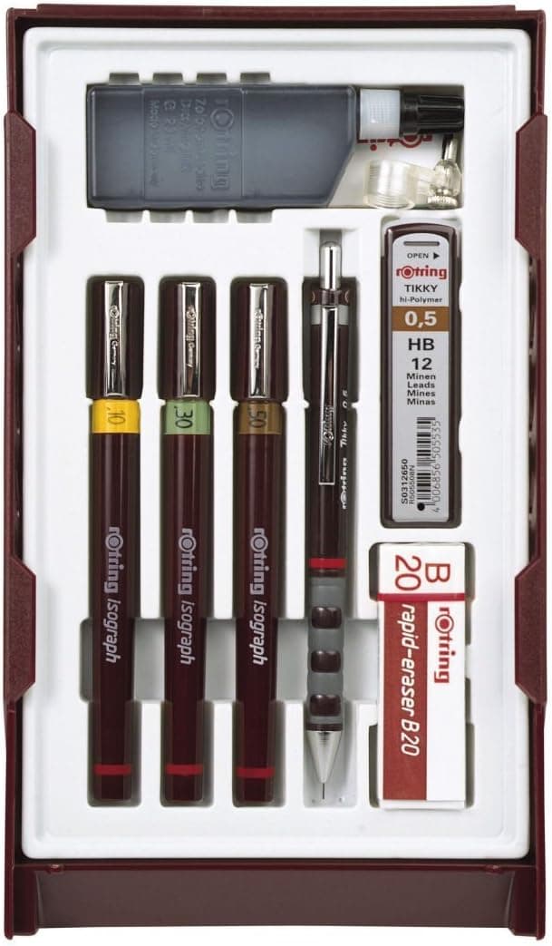 Detalle de rOtring Isograph Pen Set Technical Pen & Pencil College Set with 3 pens (0.20/0.30/0.50) and mechanical pencil (0.5 mm)