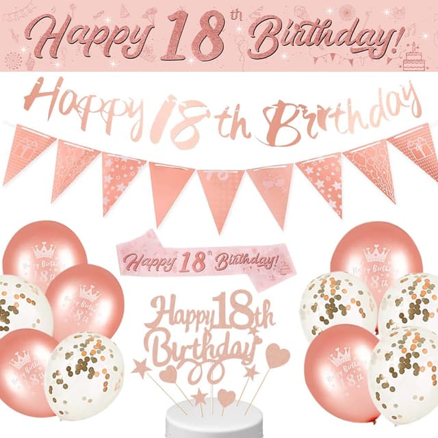 Detalle de DEARLIVES 18th Birthday Decorations set in rose gold (banner, sash, cake topper, flags & confetti balloons)