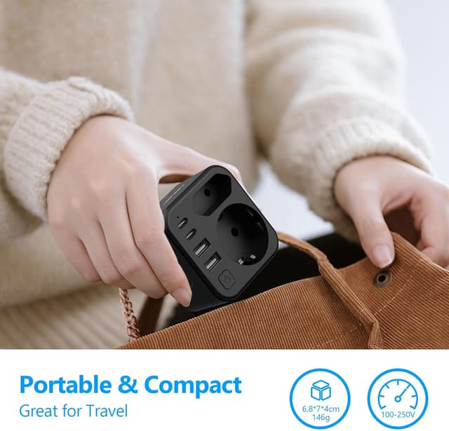 Thumbnail 6 de JSVER Steckdosenleiste mit USB (2× Schuko/Europa, 2× USB-A & 2× USB-C, 3680 W/16 A) mit Schalter – schwarz