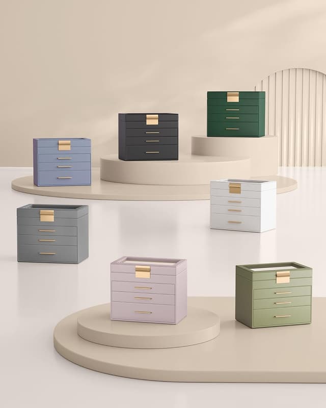 Detalle de SONGMICS GISELLA – boîte à bijoux et écrin à accessoires à 4 niveaux, couvercle en verre, 3 tiroirs