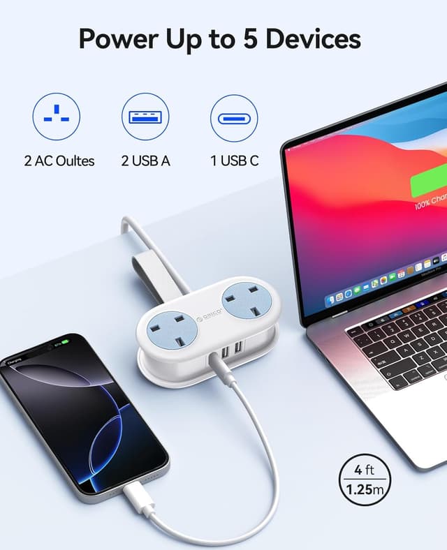 Detalle de ORICO Travel Extension Lead with USB Slots, 2 AC outlets & 3 USB ports (1 USB-C) – 13A 3250W, rollable power strip