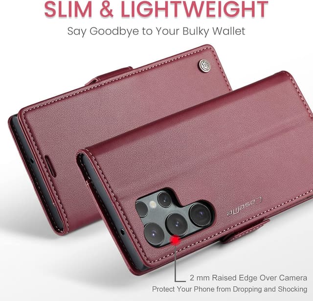 Thumbnail 6 de QLTYPRI Hülle für Samsung Galaxy S24 Ultra mit RFID-Schutz, Kartenfach und Klapp-Stand – Weinrot