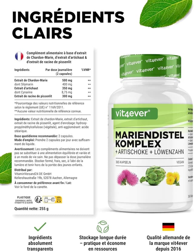 Detalle de Complexe Chardon-Marie, Artichaut & Pissenlit en capsules – 365 pour 6 mois (80% silymarine, vegan)