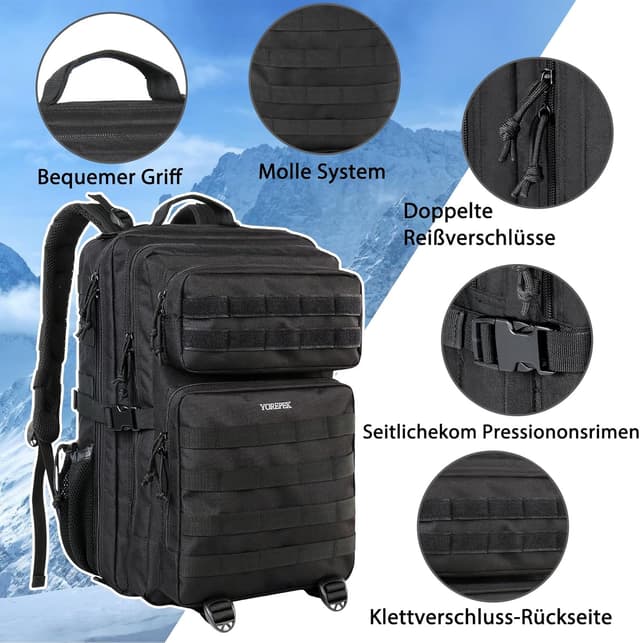 Thumbnail 4 de YOREPEK Militär Rucksack 40L Schwarz