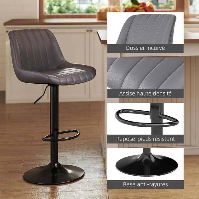 Thumbnail 6 de Youhauchair Tabouret de bar pivotant réglable avec dossier (lot de 3) en simili PU gris foncé
