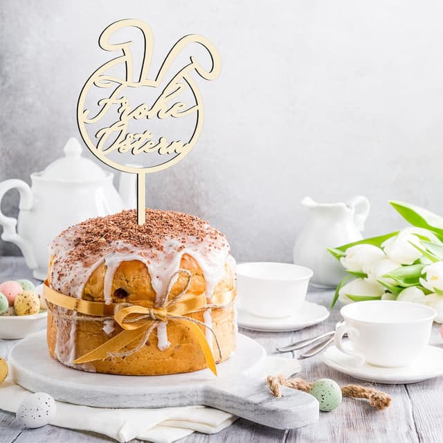 Detalle 1 de Cake Topper Frohe Ostern aus Holz 12×23 cm