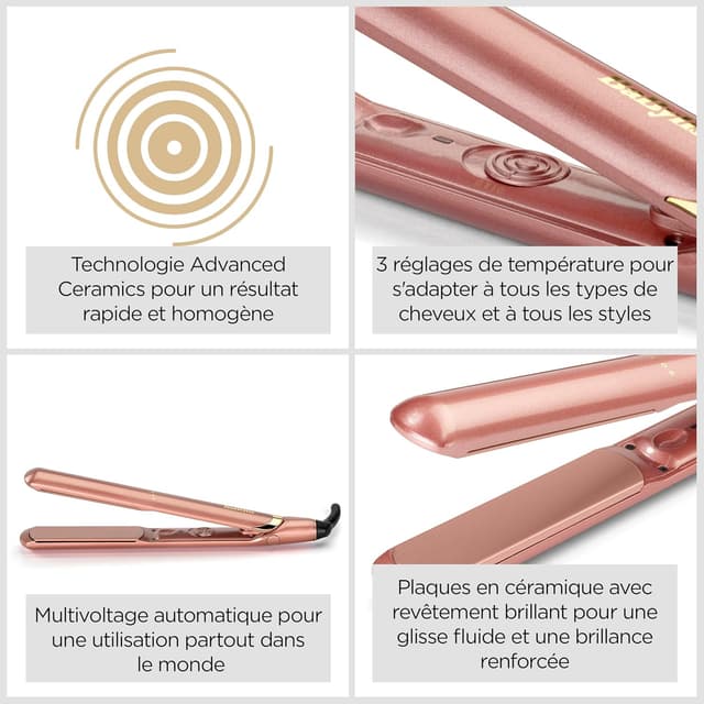 Detalle de BaByliss 2598PE Lisseur cheveux Rose Gold à plaques céramique (chauffe 15 s, 3 températures jusqu’à 235°C, multi-voltage)