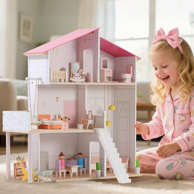 Detalle de SainSmart Jr. Wooden Dollhouse with 37 Pieces 🏠