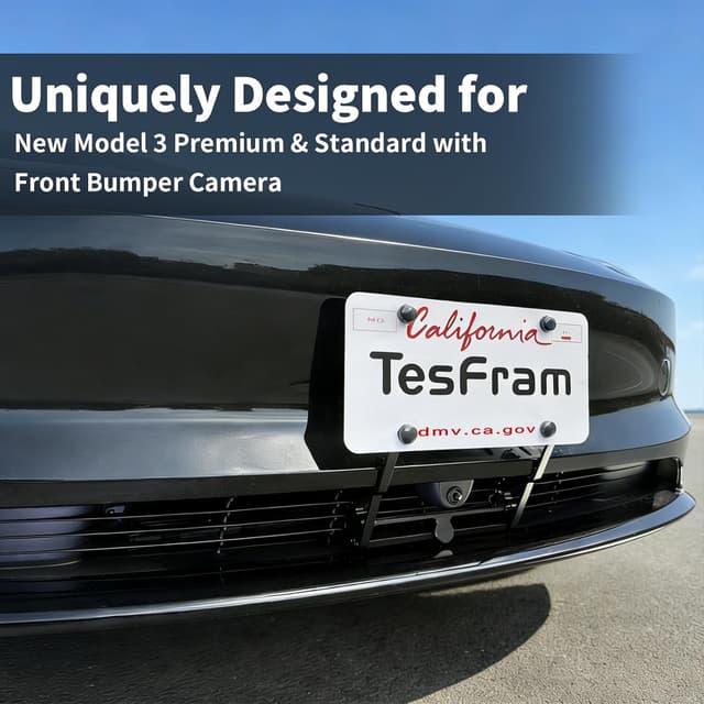 Detalle de TesFram 2026 Tesla Model 3 Front License Plate Holder (No-Drill, Lockable, No Block Camera Visibility)