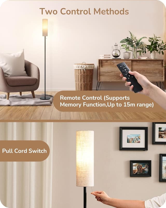 Detalle de EDISHINE 165cm Floor Lamp with Rounded Linen Shade, E27 LED Bulb, Magnetic 2.4G Remote (Black)