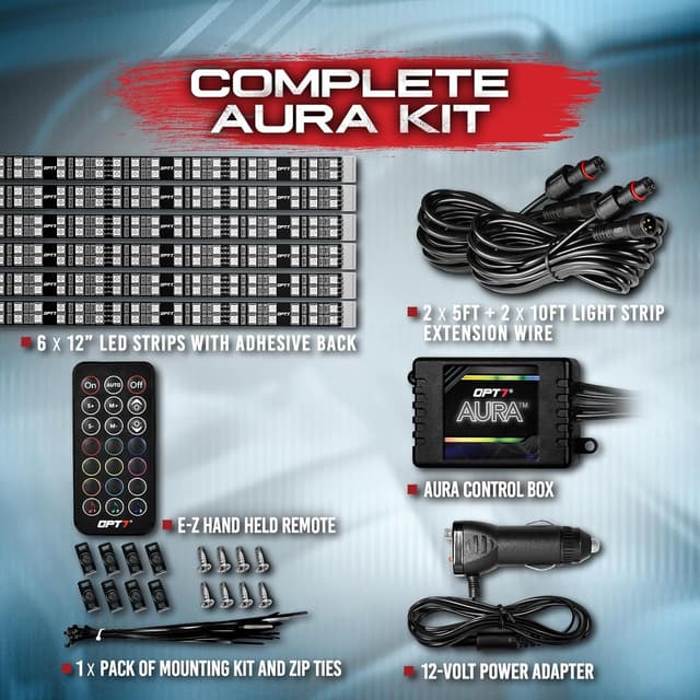 Detalle 2 de OPT7 Aura Double Row Car LED Lights Interior Kit (6pc) with Wireless Remote, Multicolor & Sound-Active Ambient Lighting