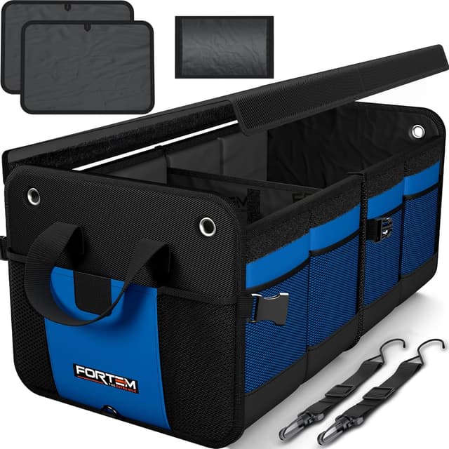 Detalle de FORTEM Car Boot Organiser (65L) – collapsible multi-compartment trunk storage with straps