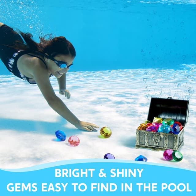 Detalle de Sloosh Diving Toy Gemstone Set: 16 Big Colourful Diamond Gems with Pirate Treasure Chest Box
