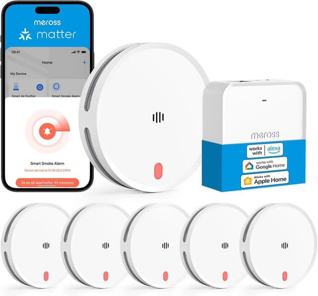 Detalle de meross Matter Rilevatore di fumo WiFi con doppio sensore ottico, con Hub MSH450 (6 pezzi)