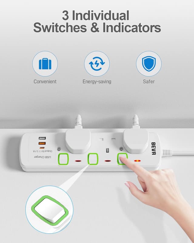 Detalle de BEVA 3-way extension lead with 2 USB-A and 1 USB-C (1.5m cable) with individual switched sockets