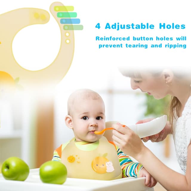 Detalle de Vicloon Silikon Baby Lätzchen (2er-Set) mit Auffangschale, 6 verstellbaren Druckknöpfen, BPA-frei – Bär & Kaninchen