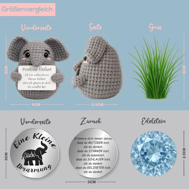 Detalle 2 de Tixlux Pocket Hug „Positiver Elefant“ – Strick-Dekofigur mit Edelstahl-Glücksbringer als Mutmacher-Geschenk