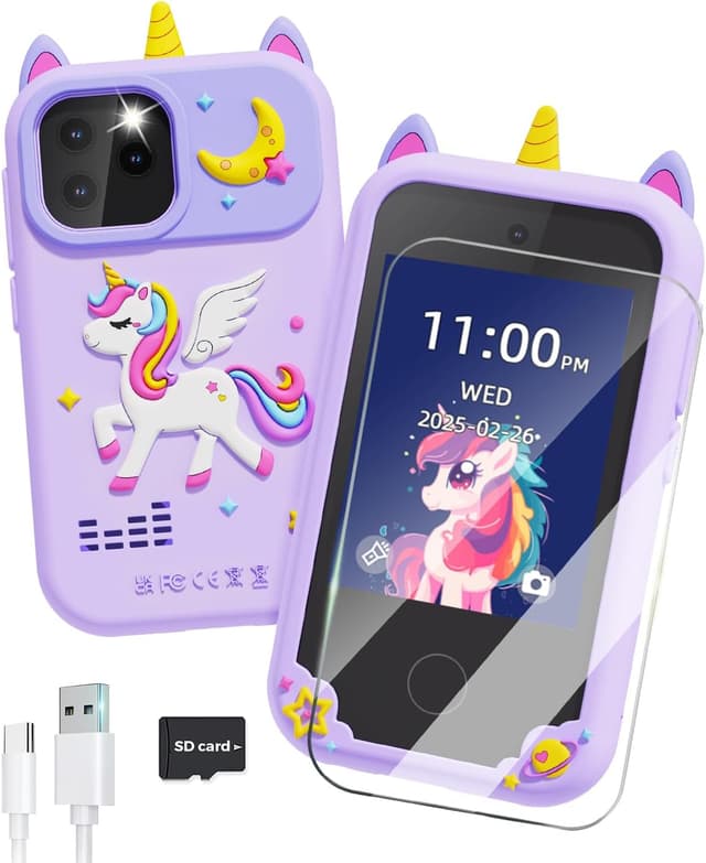 Detalle de Kids Phone Toys 2.8" dual-camera touchscreen learning toy (8GB SD card) – purple