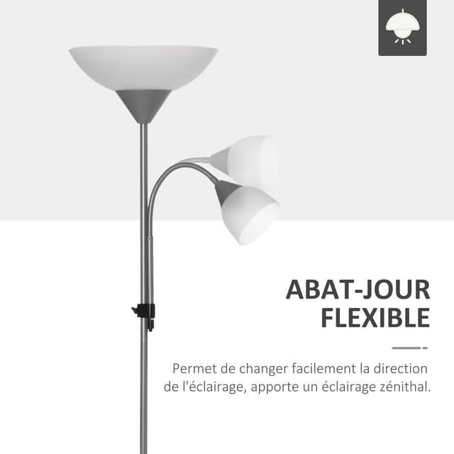Detalle 2 de HOMCOM Lampadaire sur pied argent et blanc avec 2 têtes E27/E14