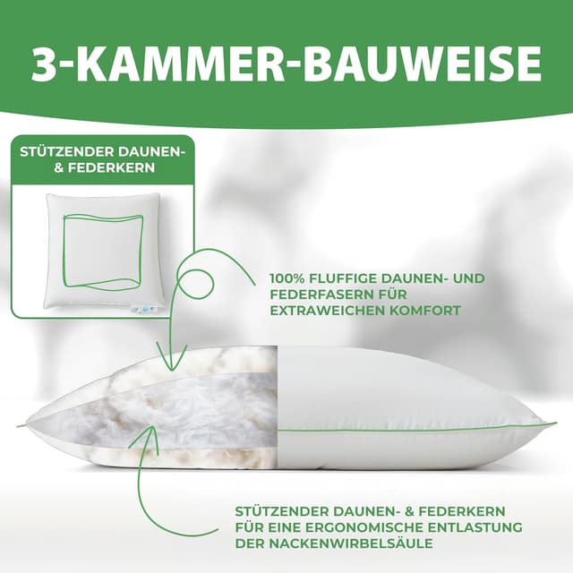 Detalle 2 de Welldora Premium Kopfkissen 80x80 (3-Kammer) mit natürlichen Daunenfasern & Federn – ergonomisch gegen Nackenspannungen