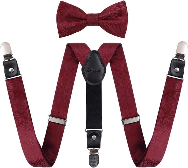 Detalle de Alizeal Boys Adjustable Floral Paisley Pre-tied Bow Tie and Y Shape 3 Clips Braces Set